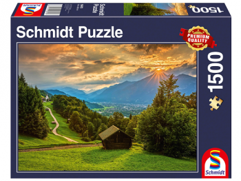 Puzzle: Západ slunce nad horskou vesnicí Wamberg 1500